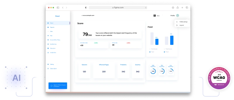 The image displays a screenshot of a website accessibility score report from www.omegaic.com, showing a score of 79 out of 100 with detailed metrics and graphs related to issues found on the site.
