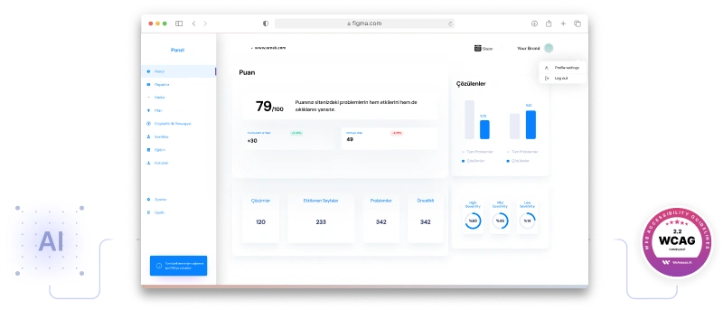 Görüntüde, www.omegaic.com adresinden alınmış bir web sitesi erişilebilirlik puan raporu ekran görüntüsü yer alıyor. Raporda 100 üzerinden 79 puan ve sitede bulunan sorunlarla ilgili detaylı metrikler ve grafikler gösteriliyor.