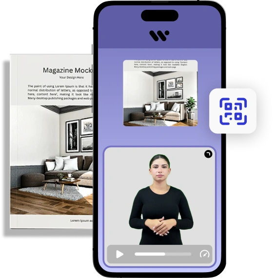 The image shows a smartphone displaying a magazine mockup with a QR code and a video player interface.