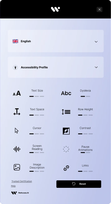 The image displays an accessibility settings interface with various options such as Text Size, Dyslexia, Text Space, Row Height, Contrast, Screen Reading, Pause Animations, Image Description, and Links, along with a Reset button at the bottom.