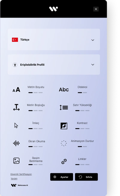 Görüntüde, Metin Boyutu, Disleksi, Metin Aralığı, Satır Yüksekliği, Kontrast, Ekran Okuma, Animasyonları Duraklat, Görsel Açıklaması ve Bağlantılar gibi çeşitli seçeneklerin bulunduğu bir erişilebilirlik ayarları arayüzü ve altta bir Sıfırla butonu yer alıyor.