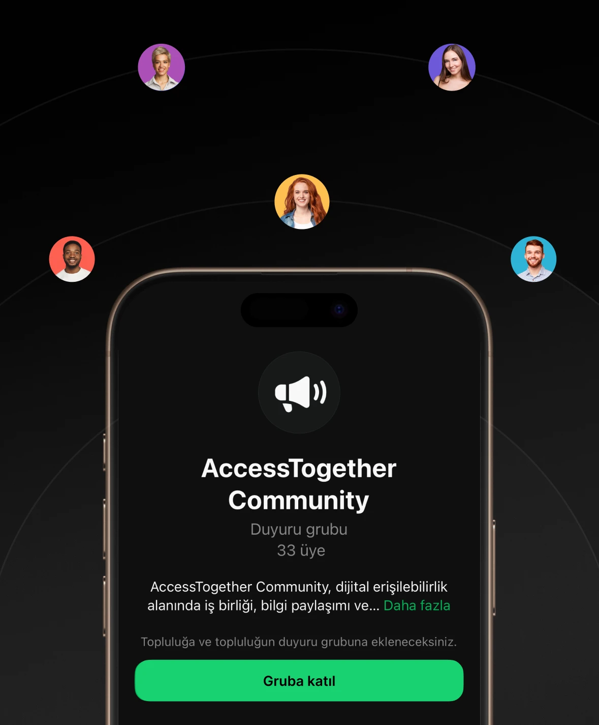 AccessTogether Community mobile app interface showing group invitation screen with 33 members and join button in Turkish