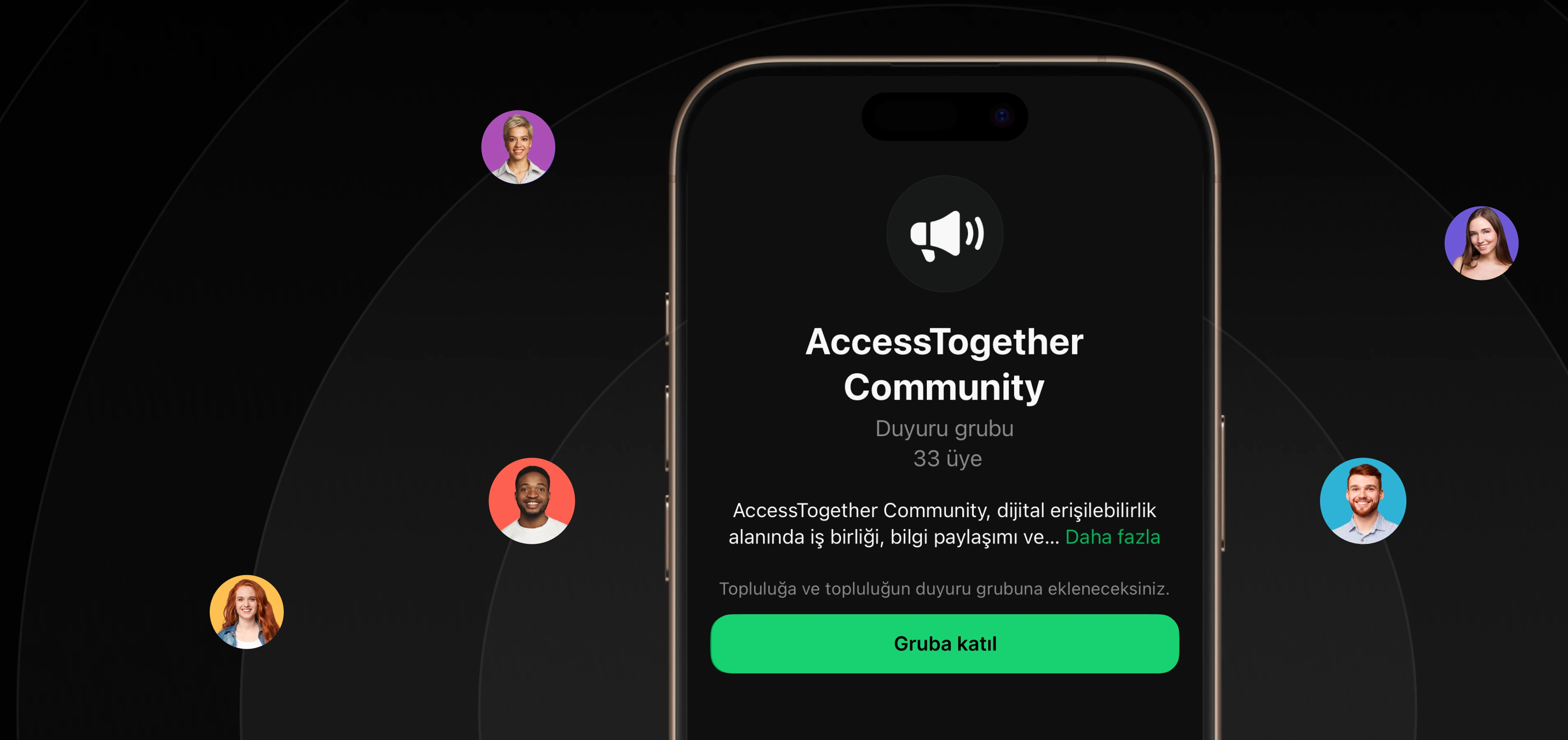 AccessTogether Community mobile app interface showing group invitation screen with 33 members and join button in Turkish