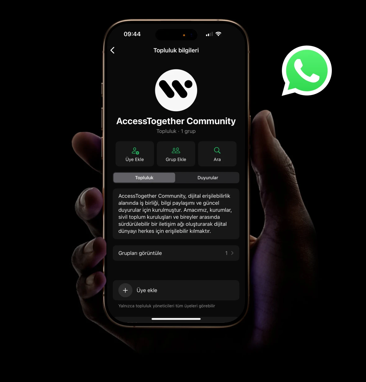 A smartphone screen showing the AccessTogether Community WhatsApp group promoting digital accessibility collaboration.
