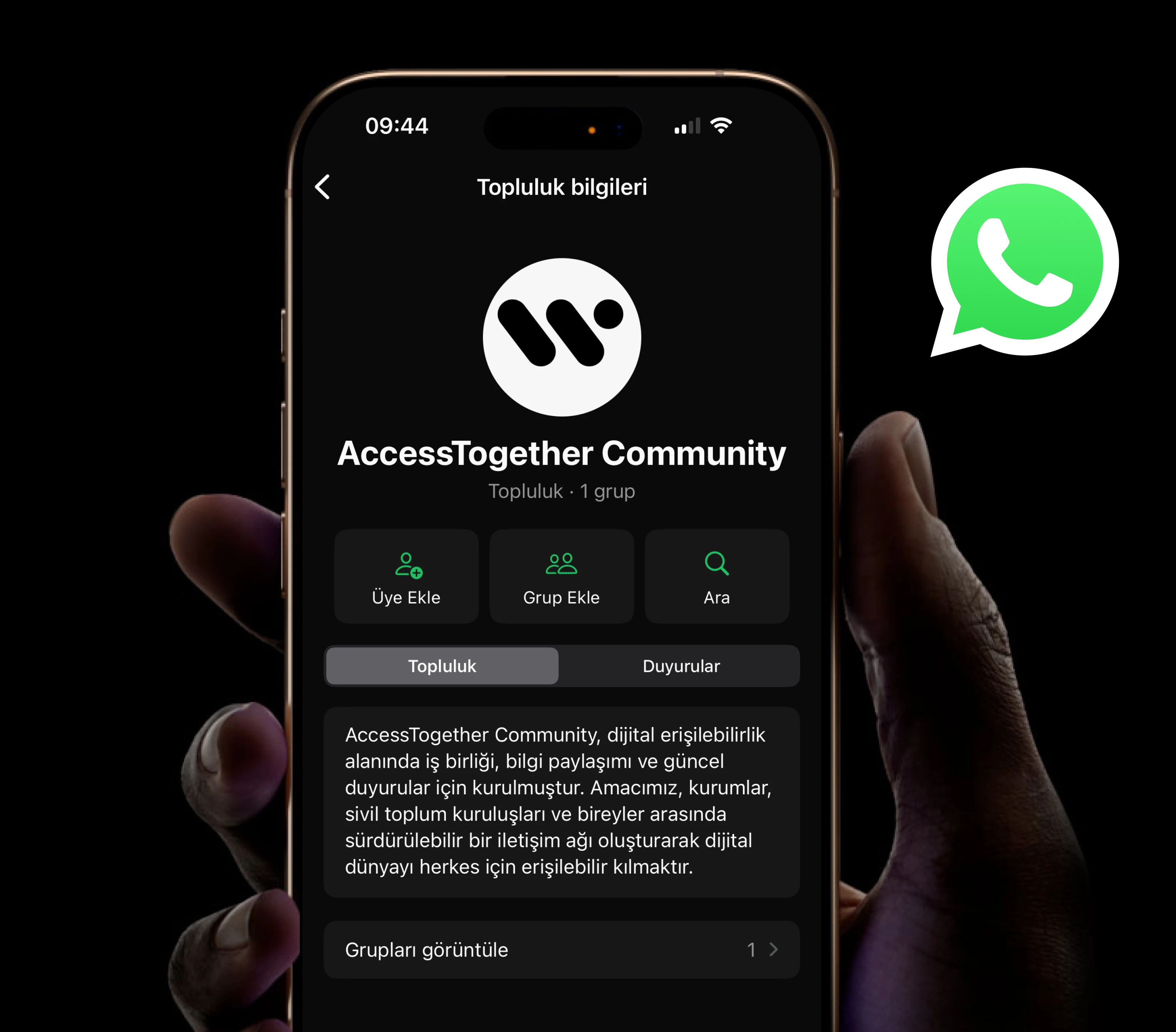 A smartphone screen showing the AccessTogether Community WhatsApp group promoting digital accessibility collaboration.